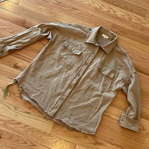 Women’s Tan Casual Shirt jacket frayed hems army Gorpcore fringe boho medium